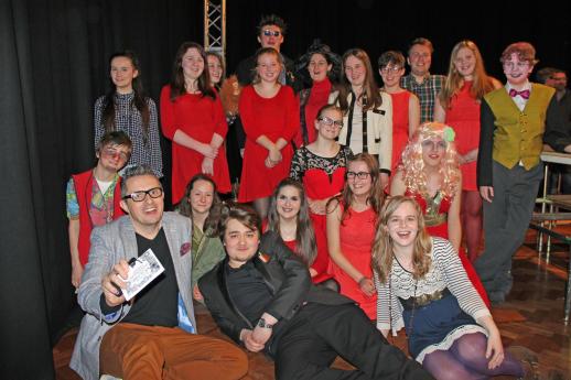 The full cast with Artistic Director Steph Brocken, Youth Theatre Leader Kyle Hill and writer Jim Johnson