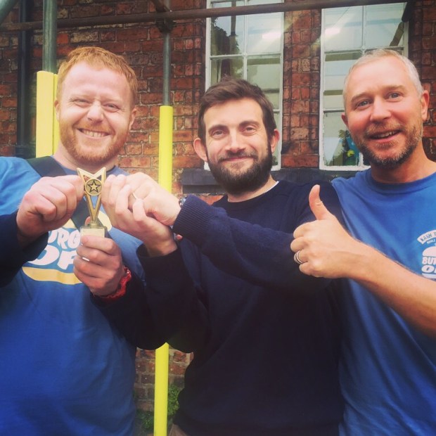 Dom and Ben from Joseph Benjamin celebrate with #BurgerOff co founder and organiser Andy Tabberer Photo: Angela Ferguson 