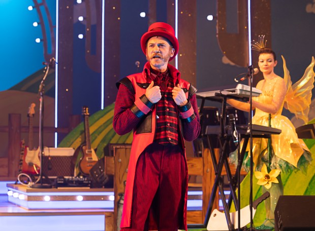 Adam Barlow as Squire Simon Stinker. Jack and the Beanstalk the Rock 'n' Roll Pantomime. Theatr Clwyd 2019. (c) Brian Roberts